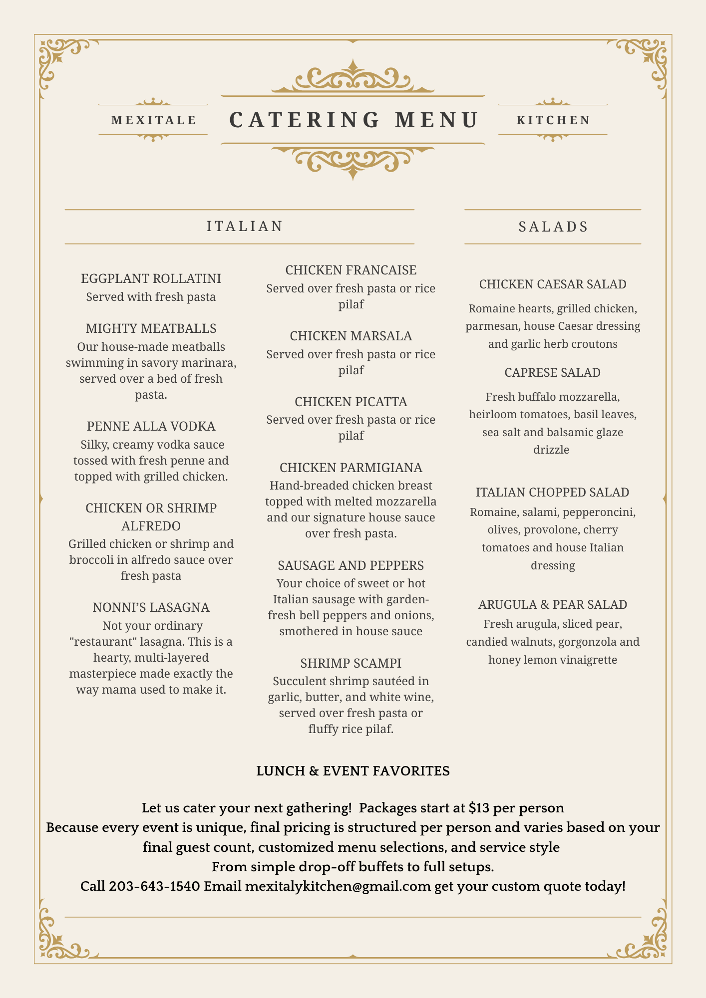 MexItalē Kitchen Italian catering menu