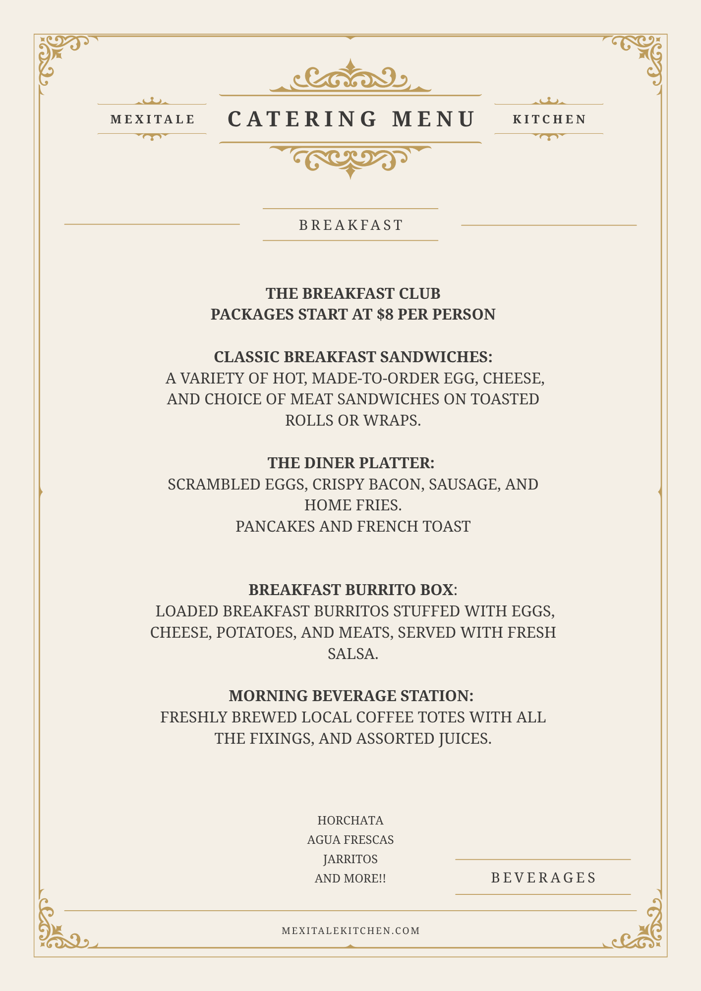 MexItalē Kitchen breakfast catering menu