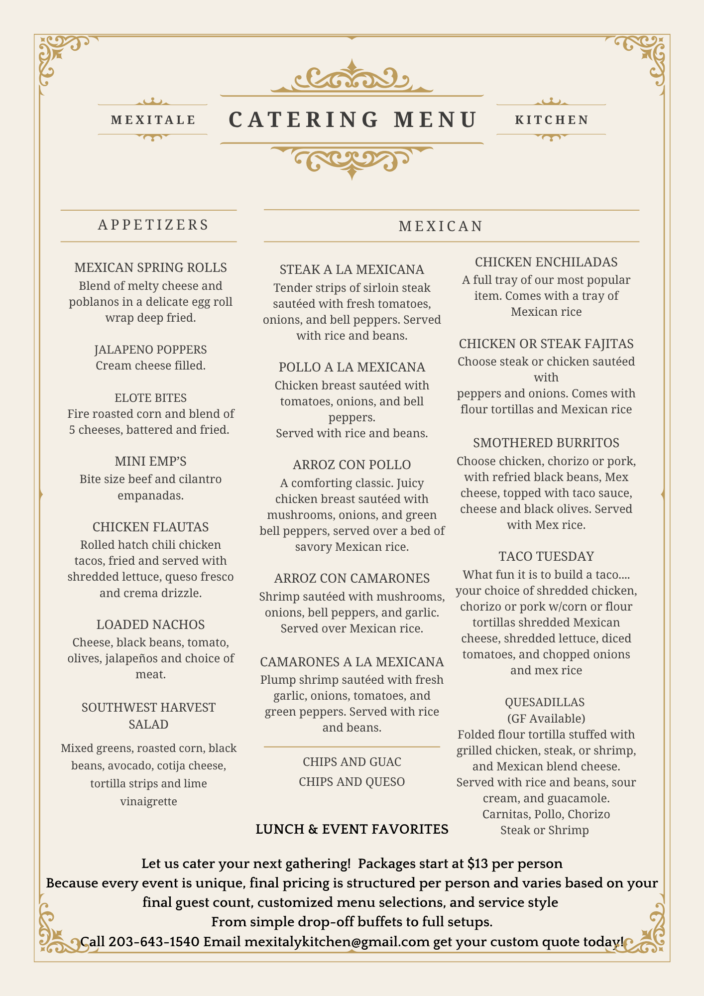 MexItalē Kitchen Mexican catering menu